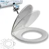 A white toilet seat with its lid open, shown with a diagram and a close-up of the attachment mechanism. Produktbild-Vorschau