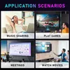 Collage of four images showing different application scenarios for a smart TV or media player: music sharing, playing games, meetings, and watching movies. Produktbild-Vorschau