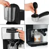 A collage of four images showing different aspects of using a BEEM espresso machine. Produktbild-Vorschau