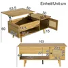 Diagrams showing the dimensions of a wooden coffee table with a lift-top and rattan doors. Podgląd zdjęcia produktu