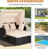 A collage showing a rattan daybed with a canopy, and three smaller images of outdoor settings: a backyard with a pool, a wooden deck with a railing, and a swimming pool area. Voir les images du produit
