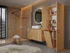 A modern bathroom with wooden accents, featuring a vanity, sink, mirror, shower, and a tall cabinet with a laundry basket. Produktbild-Vorschau