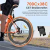 A person riding a bicycle, with a close-up inset of a tire. Produktbild-Vorschau