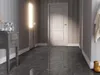 A hallway with striped wallpaper, a door, and a small table with a tea set. Produktbild-Vorschau