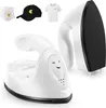A collage showing a mini iron and charging base, along with a face mask, a black baseball cap with a Pac-Man logo, and a white t-shirt with a small embroidered logo. Produktbild-Vorschau