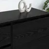 A close-up view of a black wooden TV cabinet with two decorative vases on top. Náhled obrázku produktu