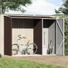 A bicycle and garden tools are stored in a brown metal shed. Produktbild-Vorschau