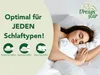 A woman sleeping on a pillow, with text and icons related to sleeping positions. Produktbild-Vorschau