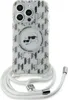 A transparent iPhone case with a Karl Lagerfeld monogram pattern and a Karl & Choupette Head graphic, attached to a white crossbody strap. Produktbild-Vorschau