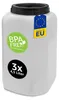 A white plastic container with a black lid, featuring several labels and stickers. Anteprima dell’immagine prodotto