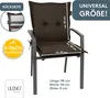 A brown chair cushion on a gray chair, with measurement indicators and marketing text. Produktbild-Vorschau