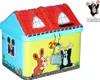 A cartoon-style tin money box shaped like a house, decorated with characters and a padlock. Produktbild-Vorschau