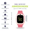 A pink smartwatch is shown with various technical specifications and dimensions displayed around it. Produktbild-Vorschau