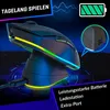 A gaming mouse is shown on its charging station with colorful RGB lighting. Produktbild-Vorschau