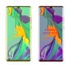 Two smartphones side-by-side, each displaying a colorful abstract wallpaper. The left phone has green and yellow text, the right has red text. Náhľad obrázku produktu