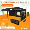 A black pop-up tent with dimensions and included accessories shown. Produktbild-Vorschau