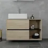 A modern bathroom vanity with a vessel sink and storage.