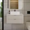 A modern bathroom vanity with a vessel sink and a black faucet, set against a tiled wall. Anteprima dell’immagine prodotto