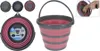 Collage of foldable buckets in different colors and a close-up of one bucket being folded. Produktbild-Vorschau