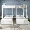 A white metal bunk bed with two lower beds and one upper bed, set in a child's bedroom with blue walls and decorative clouds and bunting.