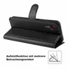 A black leather flip case for a smartphone is shown open, displaying its stand-up feature. Produktbild-Vorschau