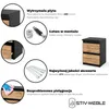 A collage of product features for a nightstand, including material, assembly, hardware, and care instructions, with an image of the nightstand. Podgląd zdjęcia produktu