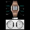 A rose gold digital watch with labels pointing to its various functions and buttons, shown against a black background. Below the watch, two views of the watch band are displayed. Produktbild-Vorschau