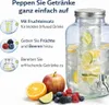 A glass beverage dispenser with fruit infusions, surrounded by fresh fruits and text describing how to use it. Produktbild-Vorschau