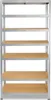 A tall, empty metal shelving unit with wooden shelves against a white background. Anteprima dell’immagine prodotto