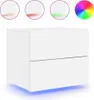 A white nightstand with two drawers and blue LED lighting underneath, shown on a white background. Above the nightstand are three circular images showing different light colors (beige, red, green) and a color wheel. Produktbild-Vorschau