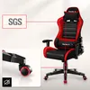 A red and black gaming chair is shown with close-up views of its features and a certification logo. Náhled obrázku produktu