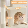 A cat is inside a cat house on a cat tree, with dimensions indicated by orange lines and text. Produktbild-Vorschau