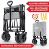 A folded and an unfolded gray wagon with black wheels and handle, presented with marketing text and icons. Produktbild-Vorschau