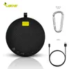 A black LEICKE Bluetooth speaker is shown with a carabiner and a USB-C cable. Produktbild-Vorschau