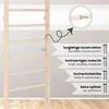 A wooden wall ladder with text overlays highlighting its features. Produktbild-Vorschau