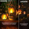 A split image comparing two types of lanterns, one with a realistic flame effect and the other with a constant light. Produktbild-Vorschau
