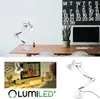 A collage of images showing a white desk lamp, a person using a computer with a desk lamp, and a close-up of a desk lamp. Produktbild-Vorschau