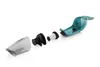 Disassembled parts of a teal and gray handheld vacuum cleaner laid out on a white background. Produktbild-Vorschau