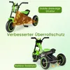 Two images of a green and black children's tricycle, with text overlays highlighting features. Produktbild-Vorschau