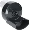 A close-up view of a black plastic food processor attachment with a clear plastic tube on top. Produktbild-Vorschau