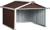 A brown and silver metal shed or garage for a lawnmower, shown from the front with the opening facing the viewer. Náhľad obrázku produktu