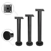 Three black furniture legs of varying heights are displayed against a white background. A close-up inset shows the top mounting plate with screw holes, and another inset shows the felted bottom of one leg. Produktbild-Vorschau
