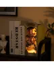 A wooden 3D model of a building with lights, placed between two books on a shelf. Náhled obrázku produktu