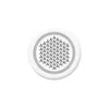 A top-down view of a white, circular smart alarm siren with a gray ring around the speaker grille. The speaker grille has a geometric pattern in black. Produktbild-Vorschau