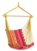 A hanging chair with a striped fabric seat and yellow ropes, suspended from a wooden bar. Produktbild-Vorschau