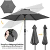 Collage of images showing a gray patio umbrella, its tilting mechanism, and how it folds. Produktbild-Vorschau