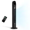 A black tower fan with a remote control is shown against a white background. Blue air movement is depicted coming from the fan. Anteprima dell’immagine prodotto