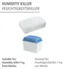 A product image showing two components of a humidity killer, with text describing its suitability. Produktbild-Vorschau