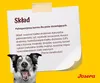 A dog looking at a piece of paper with ingredients list and a brand logo. Podgląd zdjęcia produktu