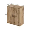 A wooden cabinet with two doors and silver handles, shown from a slightly angled front view. Dimensions are indicated with lines and text. Náhled obrázku produktu